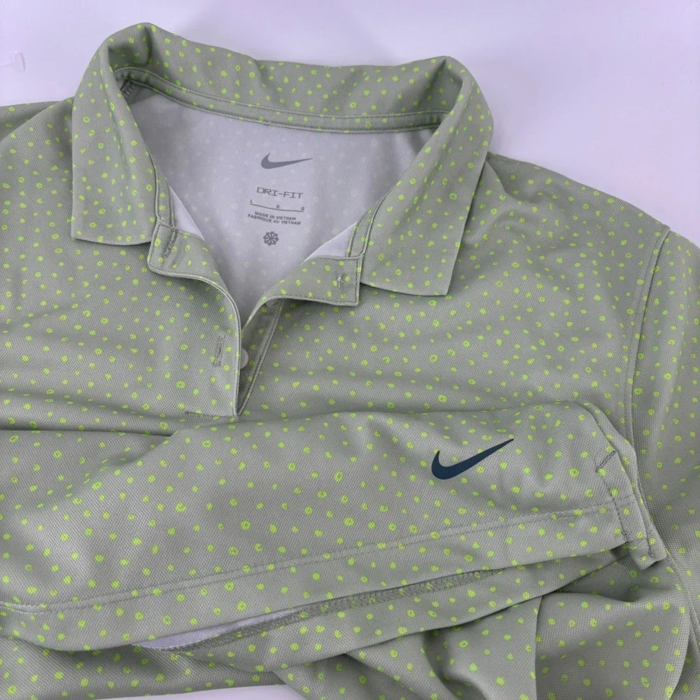 Nike Polo Shirt Womens L Green Dri-FIT Micro Dot Short Sleeve Golf Tennis Top